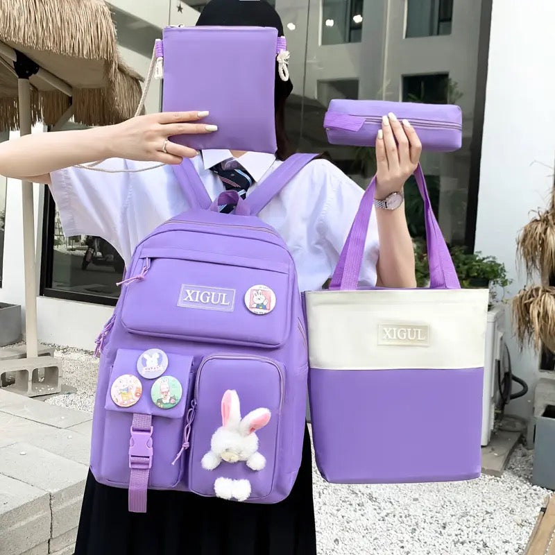 Set Of 4 Bunny Bag, Multifunctional School Bag For Girls, Large Capacity Outdoor Travel Backpack, Waterproof Outdoor Travel Bag, Canvas Laptop School Bag Sets for Kids with Tote Pencil Case, Lunch Box Bag, Back To School Supplies Canvas Bag Set Of 4 Bunny Bag, Multifunctional School Bag For Girls, Large Capacity Outdoor Travel Backpack, Waterproof Outdoor Travel Bag, Canvas Laptop School Bag Sets for Kids with Tote Pencil Case, Lunch Box Bag, Back To School Supplies Canvas Bag